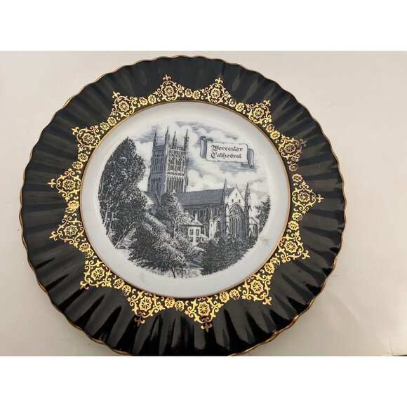Decorative Plate  Worcester Cathedral Black Rim Gold Filigree 8” England - Picture 3 of 7